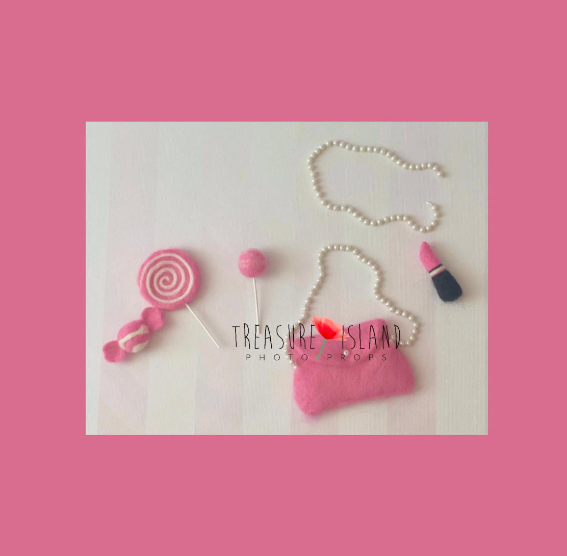Handmade pink fashion doll accessory set with miniature sweets, handbag, lipstick and pearls