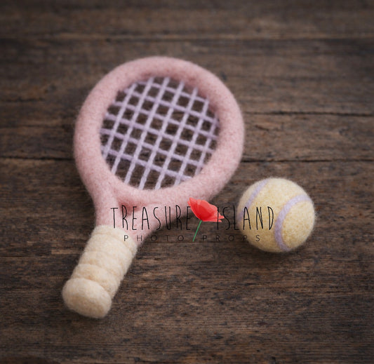 Pink and lilac hand-felted tennis racket and ball for newborn photography