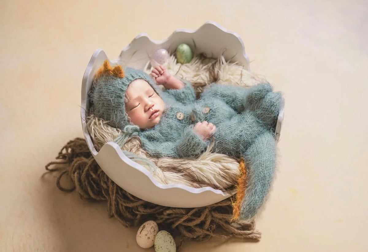 Newborn posed inside a plaster dinosaur egg shell for prehistoric photography styling