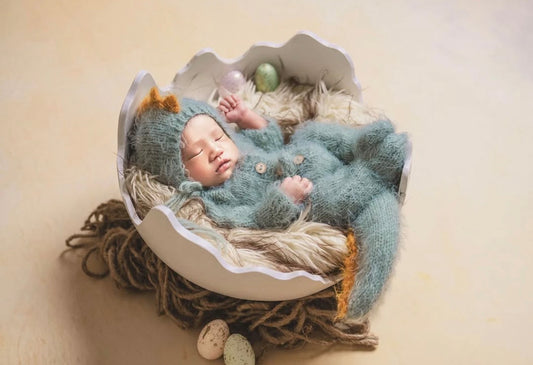 Newborn posed inside a plaster dinosaur egg shell for prehistoric photography styling