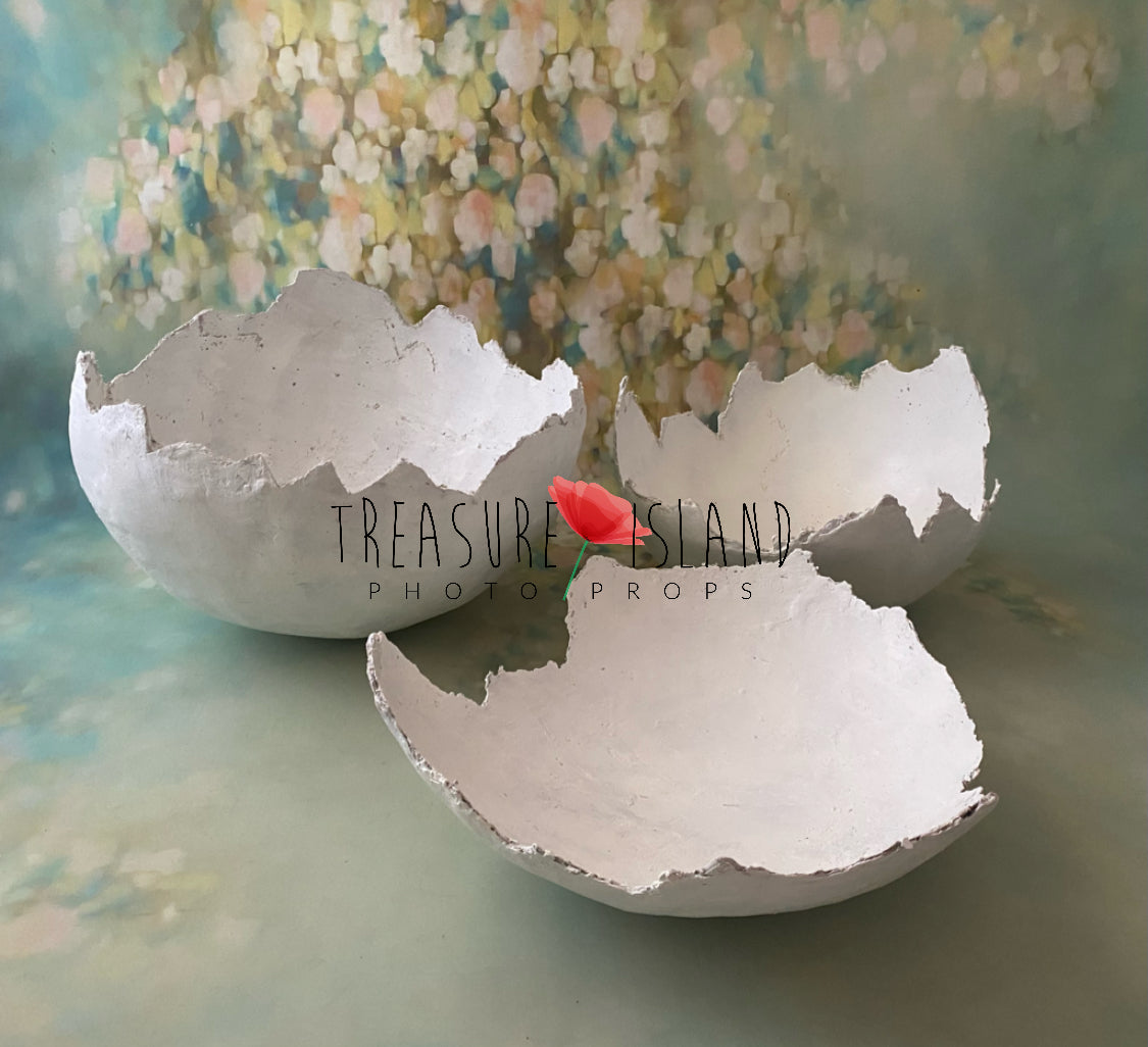 Handmade plaster eggshell photography prop with deep shell and smaller matching piece