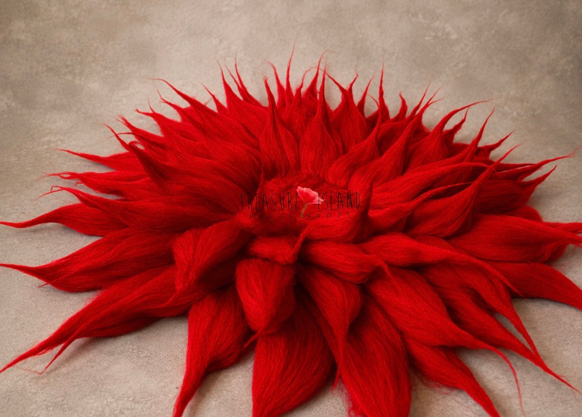 Red hand-felted wool petal blanket for dramatic fine art newborn photography