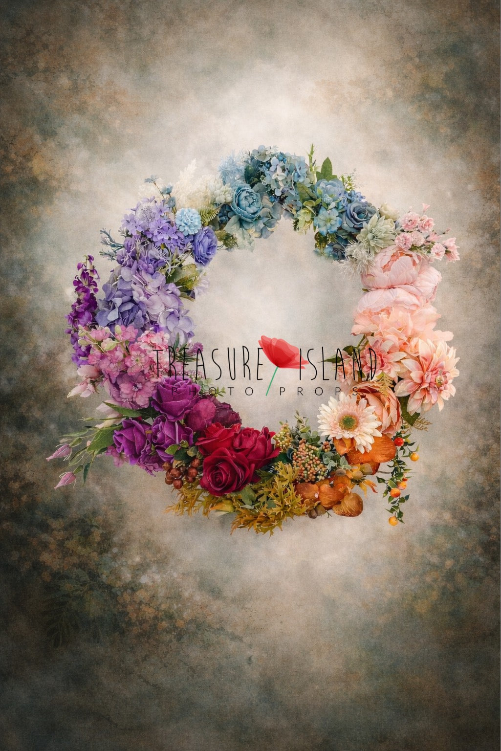 Rainbow floral photography ring handcrafted with multicolored artificial flowers and greenery