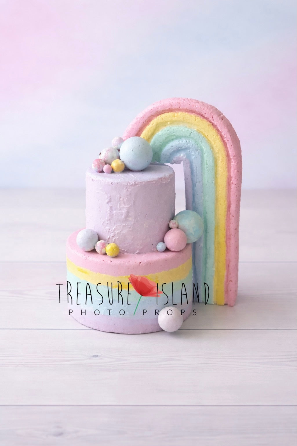 Pastel rainbow styrofoam cake prop with decorative balls for Cake Smash photography