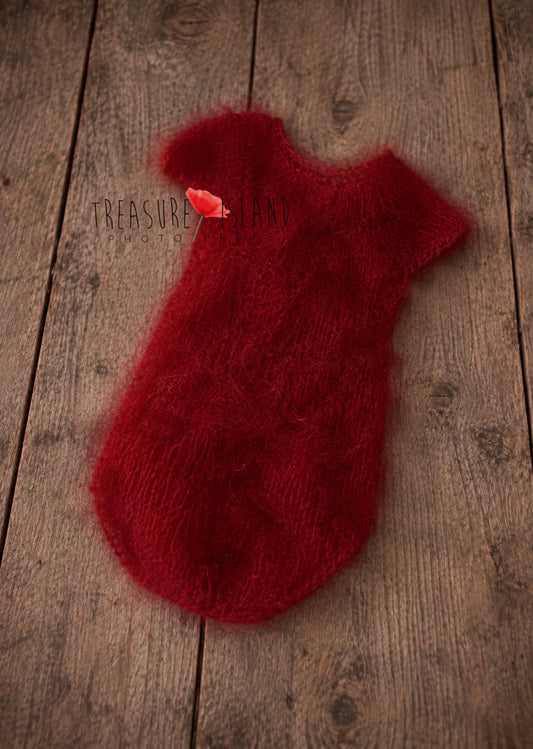 Red fluffy mohair and silk romper handmade for newborn photography