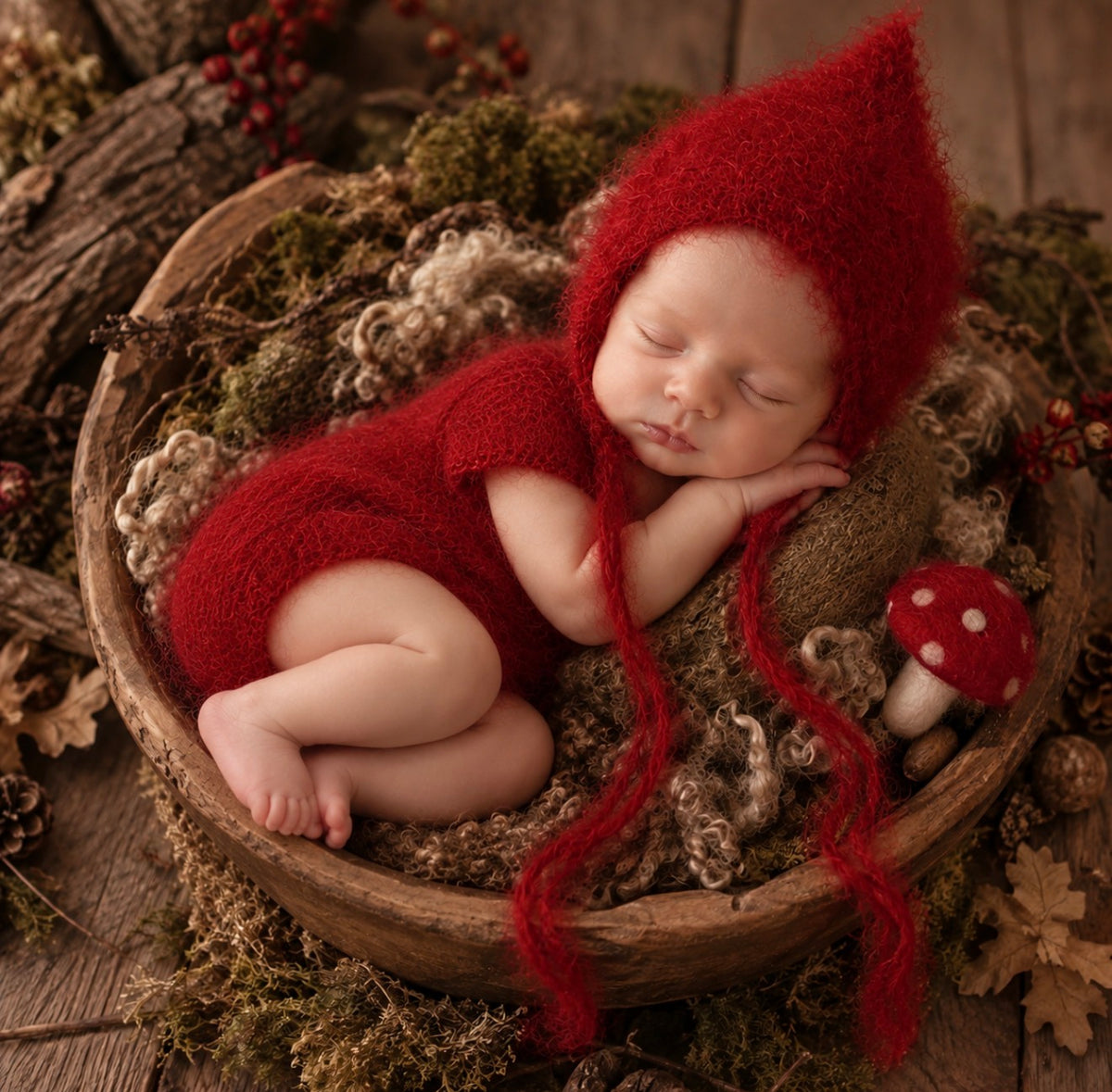 Newborn wearing matching red fluffy pixie bonnet and mohair romper in a woodland photography setup