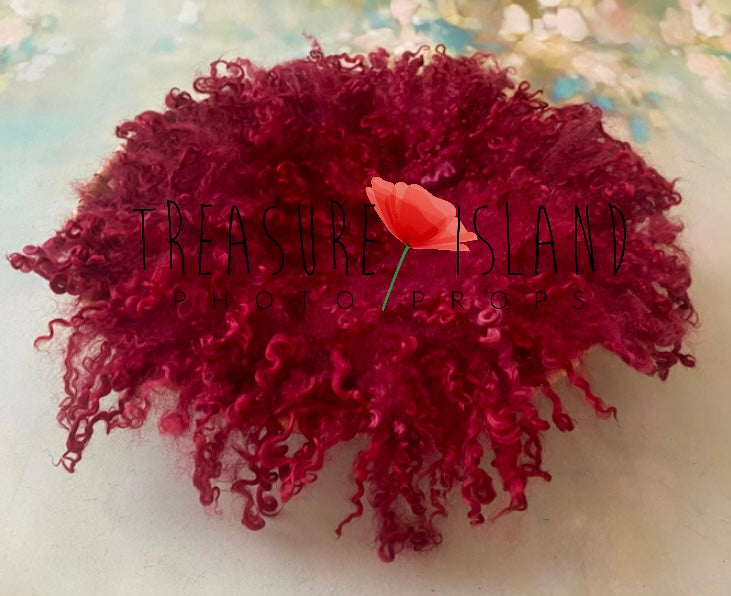 Close view of red natural sheep locks and curly wool texture on a photography blanket