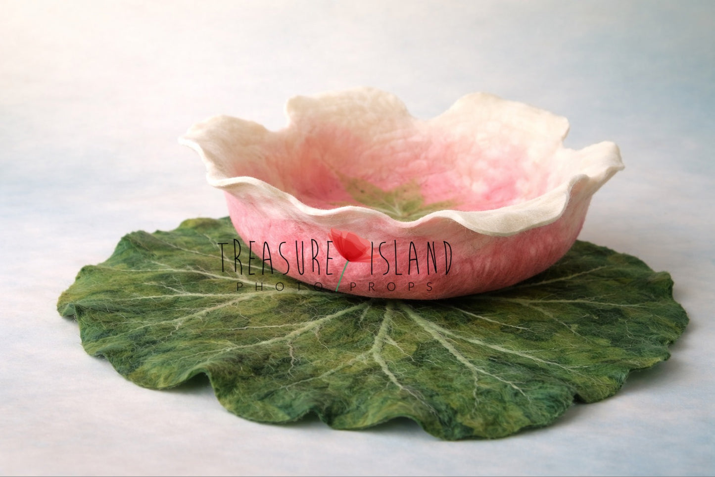 Rosaline blush pink hand-felted flower bowl with green botanical leaf for newborn and sitter fairy photography