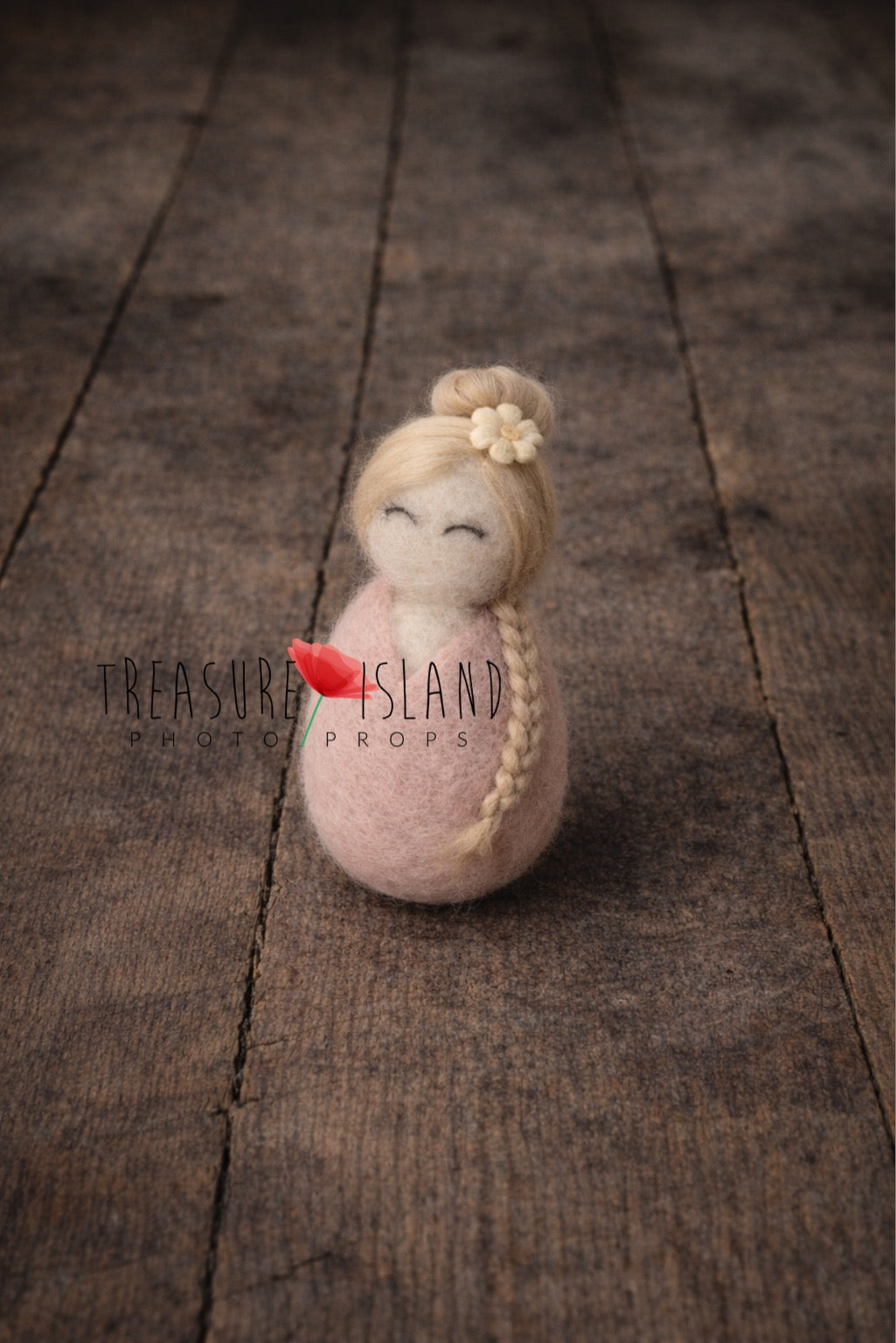 Rosie blush pink hand-felted mini doll with blonde braided hair for newborn photography
