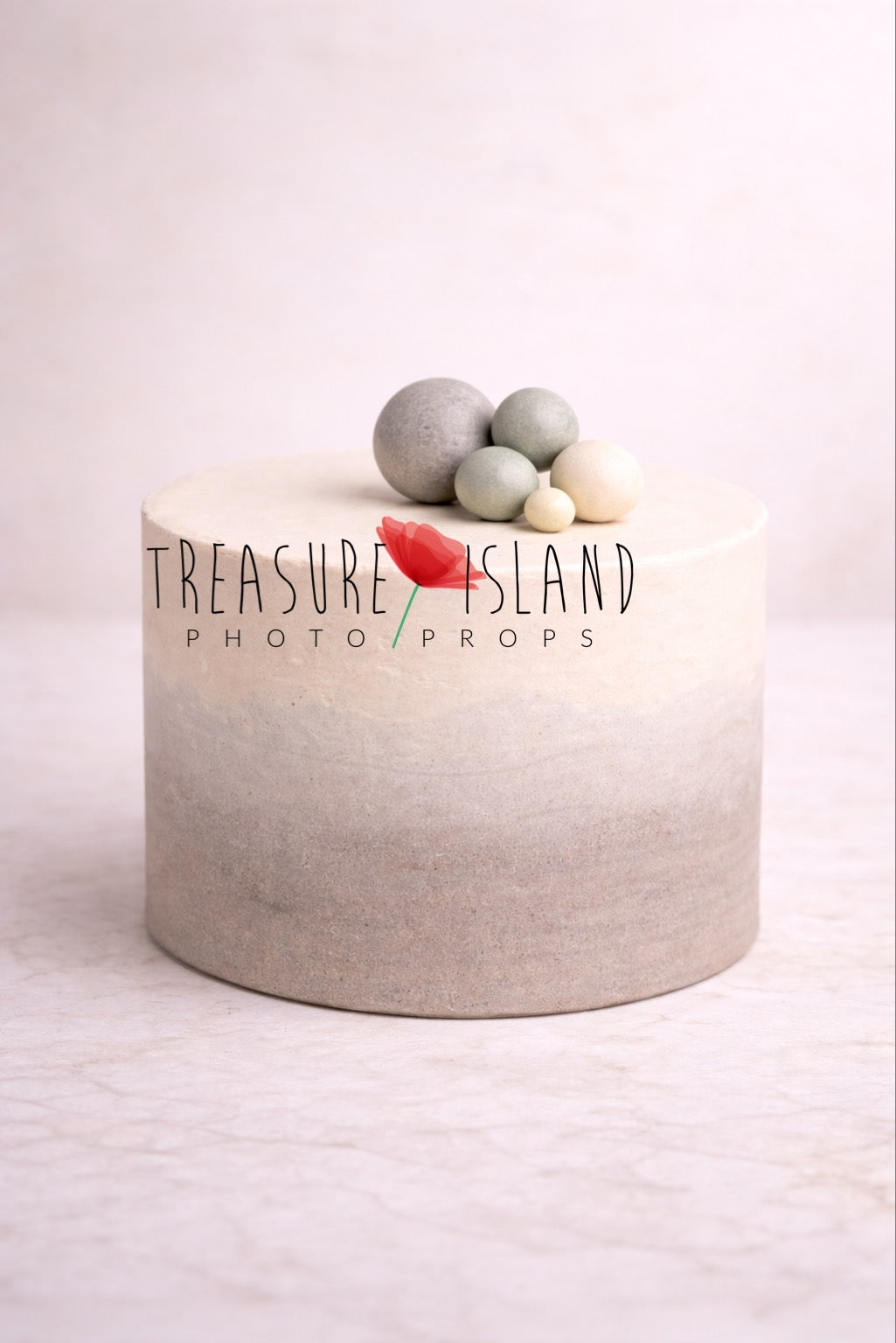 Safari Pure structural styrofoam cake smash prop in soft cream and grey tones with decorative spheres