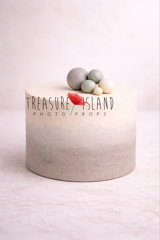 Safari Pure structural styrofoam cake smash prop in soft cream and grey tones with decorative spheres