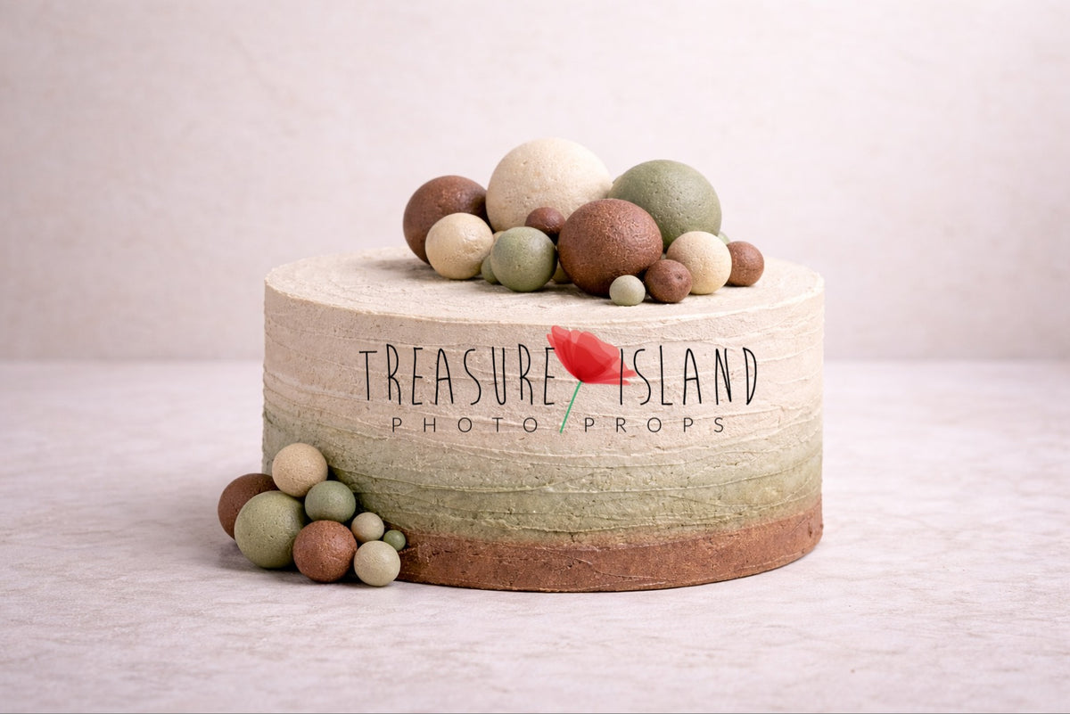 Safari styrofoam cake smash prop with textured brown, sage and cream finish and decorative spheres