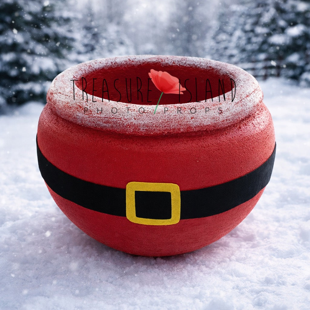 Red Santa bowl with black belt and gold buckle for newborn and sitter Christmas photography