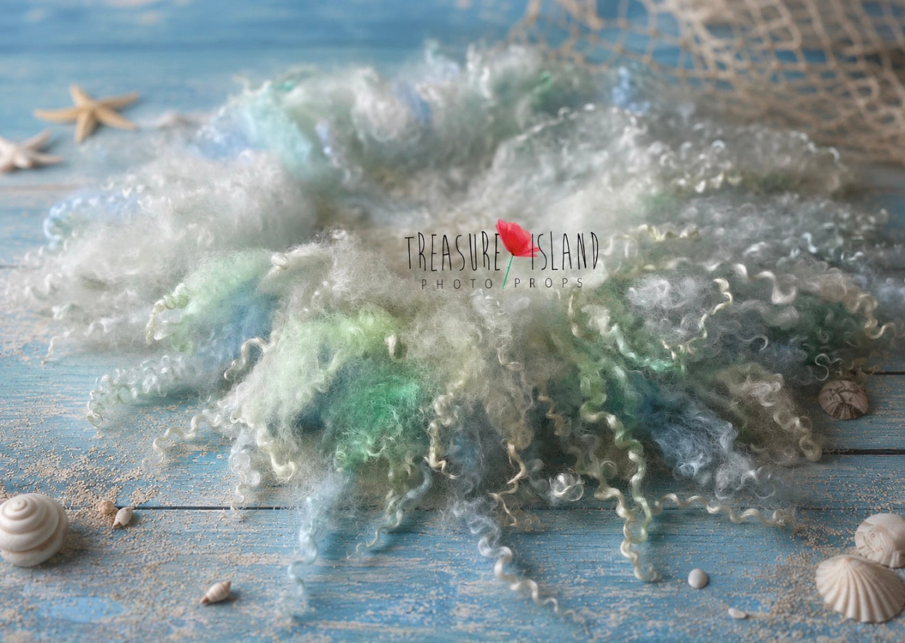 Hand-felted Sea Glass newborn photography blanket with dimensional natural sheep curls and ocean colours
