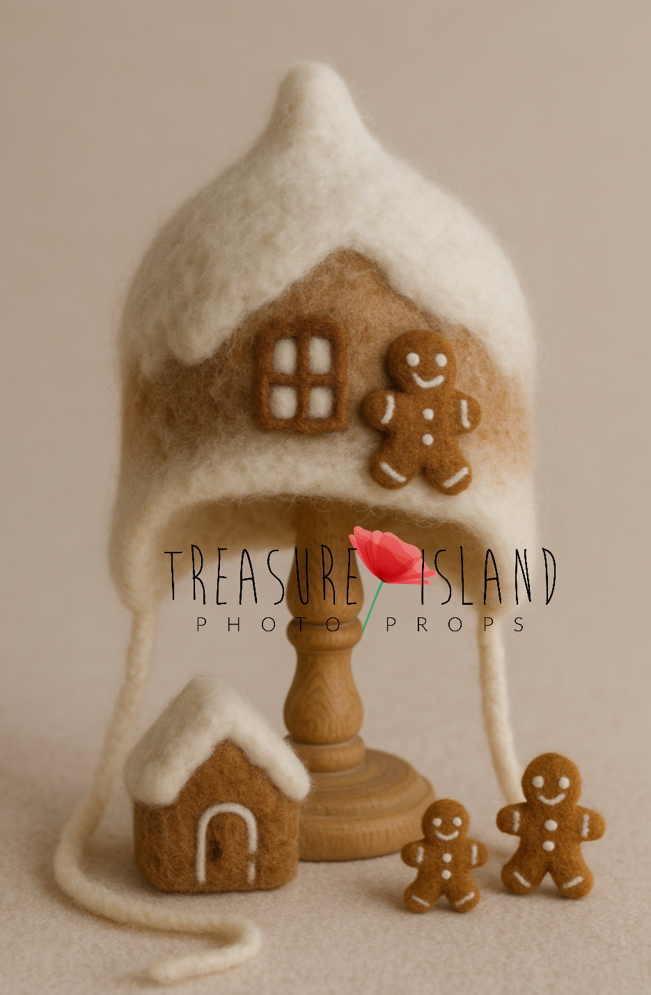 Hand-felted Snow Cottage Christmas bonnet with snowy cottage and two gingerbread mini props for newborn and sitter photography.