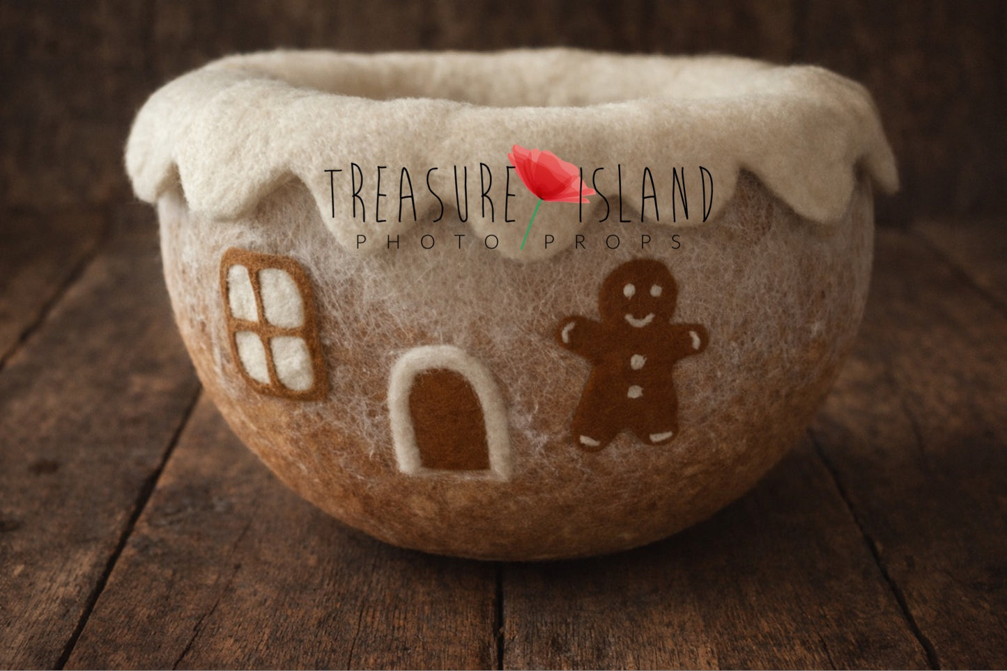 Handmade Snow Cottage felted Christmas photography bowl with wool covering, snowy trim, window, door and gingerbread character.