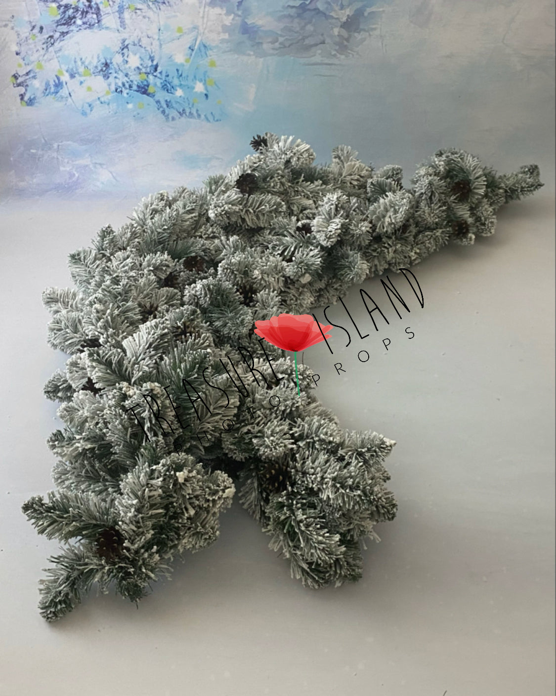 Dense snowy evergreen Christmas garland with natural pinecones and frosted branches