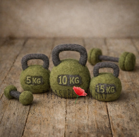 Hand-felted stone grey kettlebells and dumbbells for newborn weightlifting photography