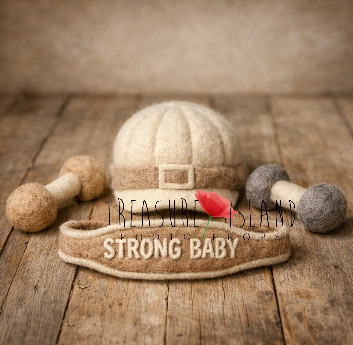 Hand-felted Strong Baby newborn cap, weightlifting belt and dumbbells in cream and beige