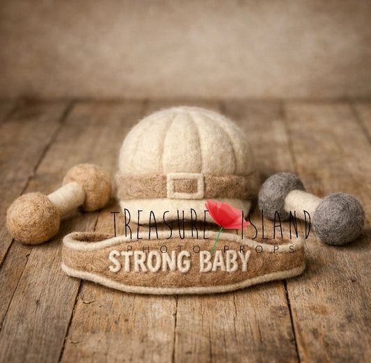 Hand-felted Strong Baby newborn cap, weightlifting belt and dumbbells in cream and beige