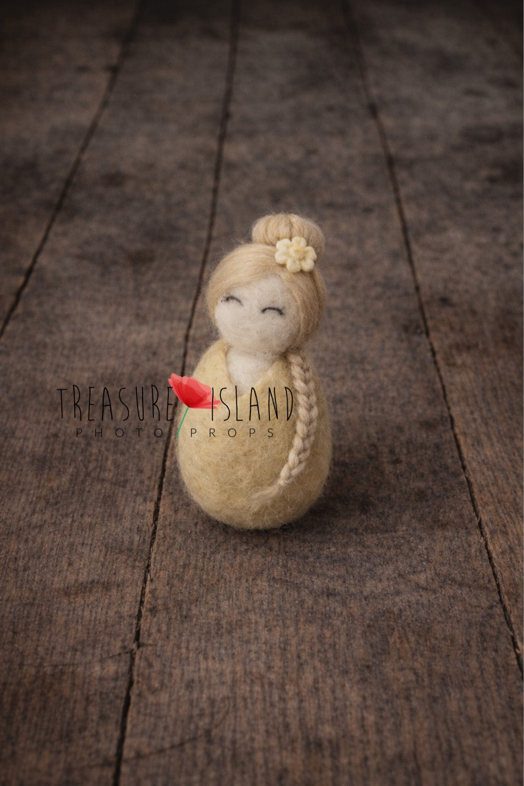 Sunny muted yellow hand-felted mini doll with blonde braided hair for newborn photography