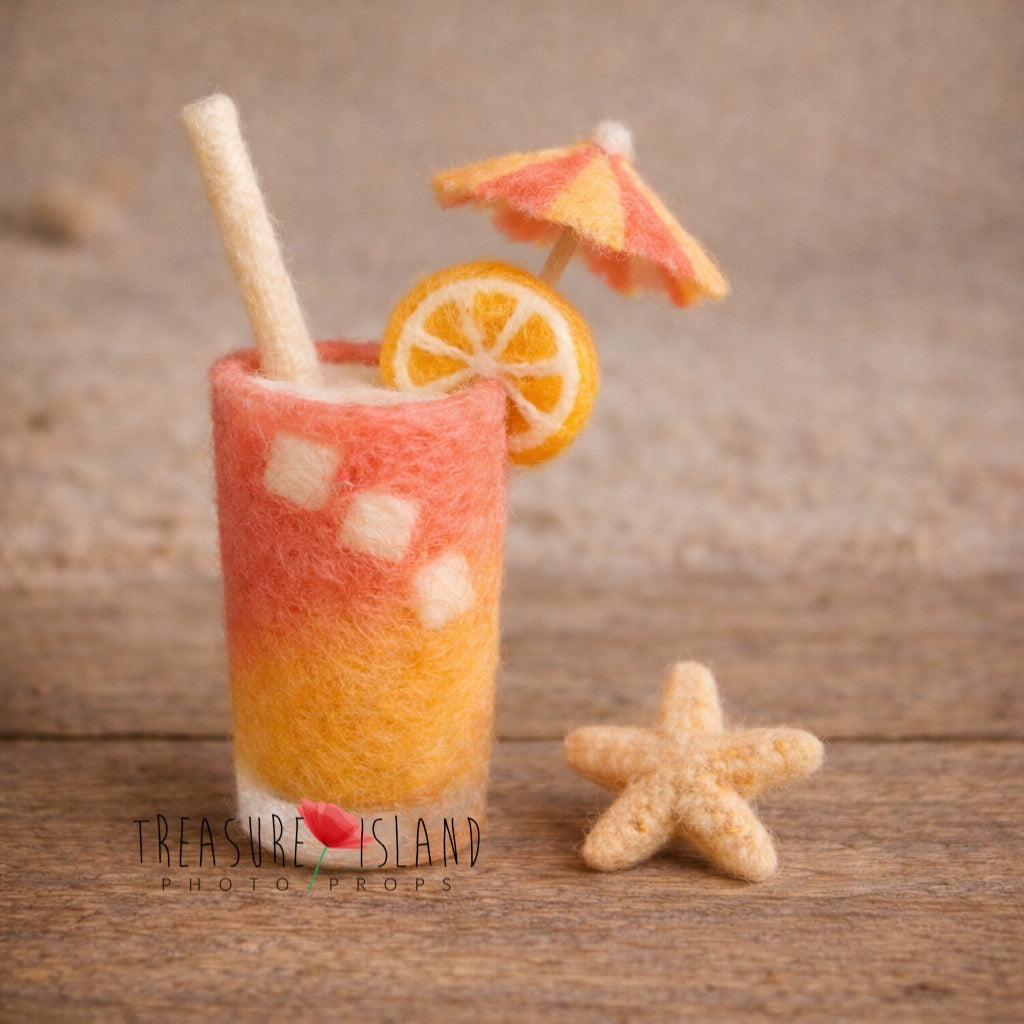 Hand-felted coral ombre tropical drink with citrus, umbrella and starfish for newborn photography