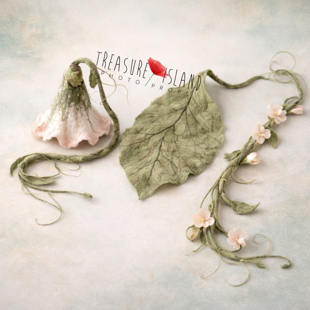Sweet Pea hand-felted botanical photography collection with bonnet, sage leaf and vine garland