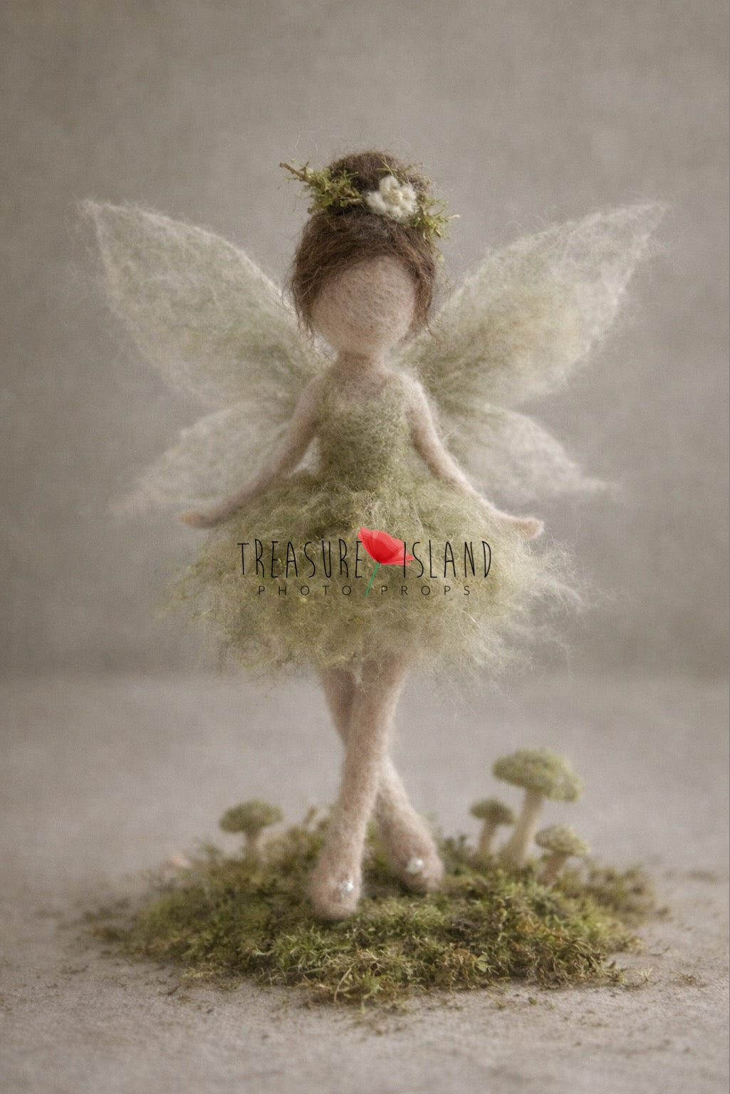 Sylva Moss Fairy hand-felted in soft green wool with delicate wings for woodland newborn photography