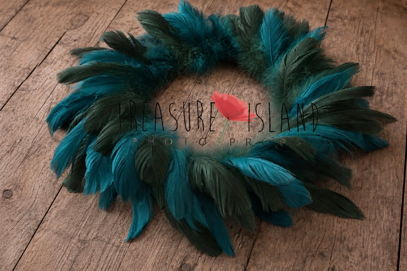 Teal and dark green Feather Nest with layered hand-dyed feathers for newborn photography