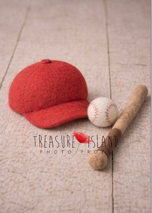 Hand-felted vintage red baseball cap with miniature bat and ball for newborn photography
