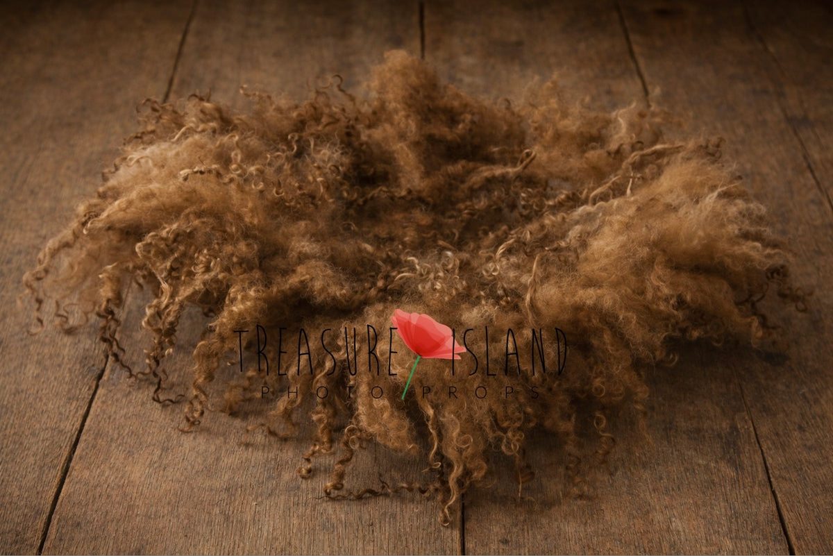 Walnut brown hand-felted wool photography blanket with natural sheep curls