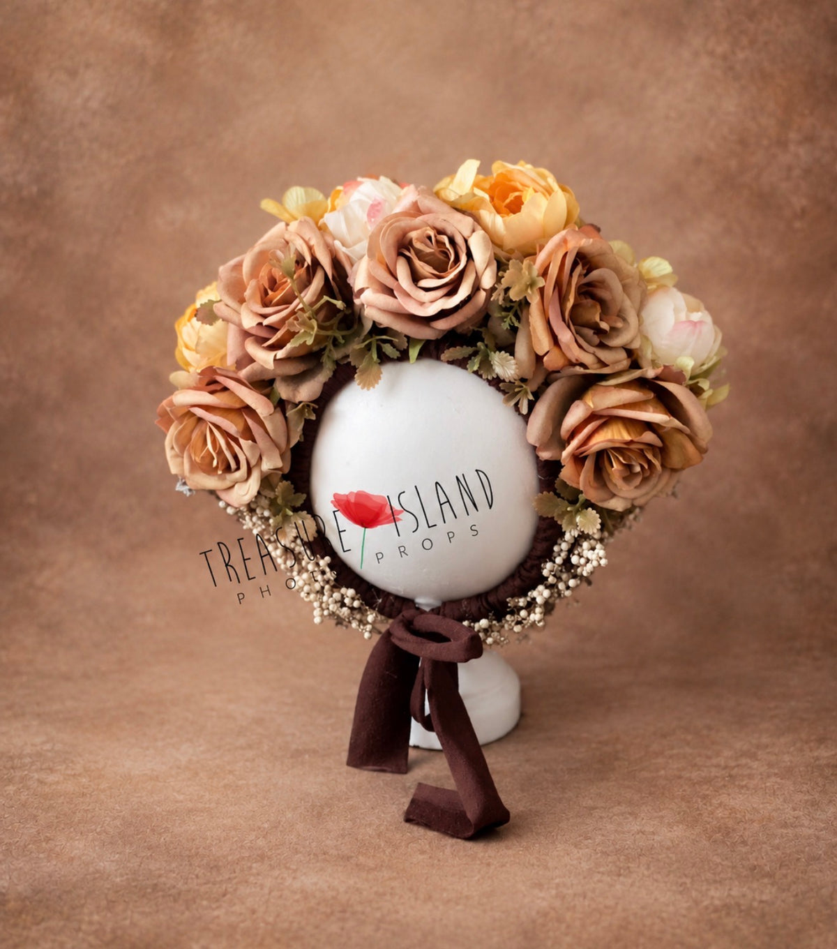 Warm caramel floral bonnet with roses for newborn and sitter photography