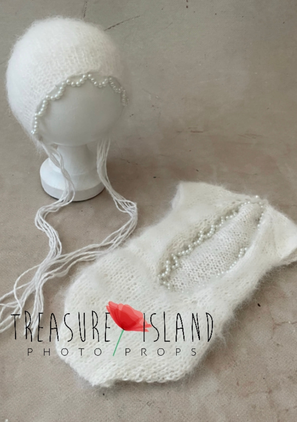 Handmade white angora romper and bonnet decorated with delicate pearls for newborn photography