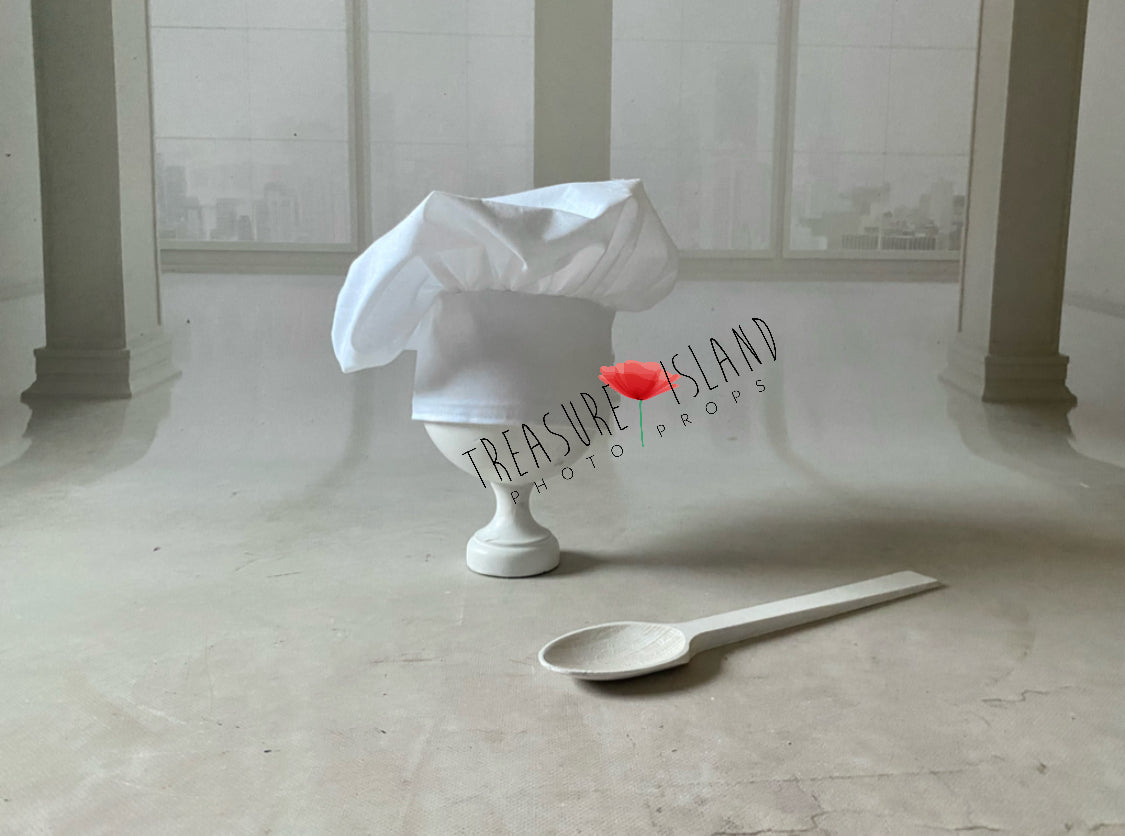 Handmade white Chef Hat with wooden spoon for food themed baby photography