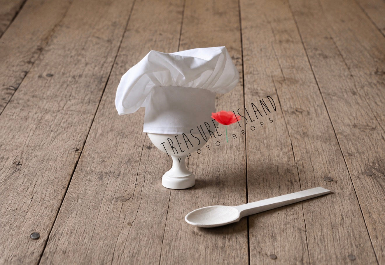 White handmade Chef Hat with optional wooden spoon for newborn and sitter photography