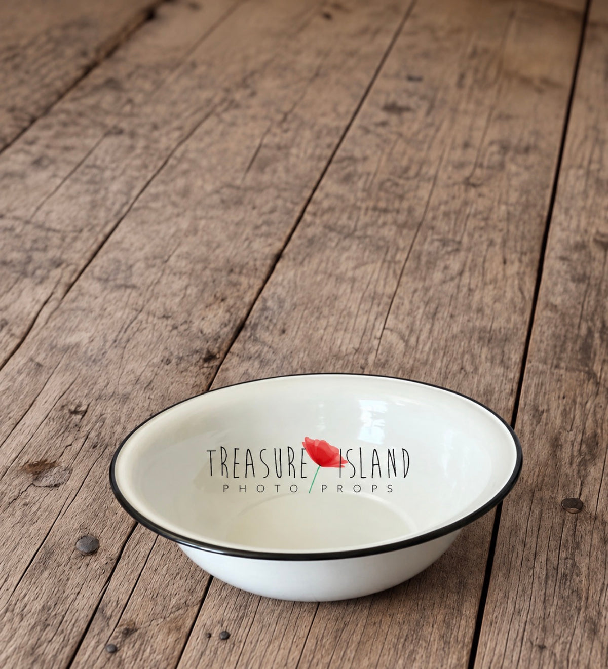 White enamel photography bowl with black rim for sitter and styled studio sessions