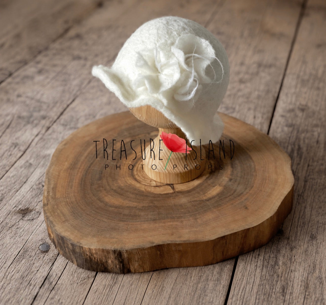 White handmade wool felted flower hat for newborn and sitter photography