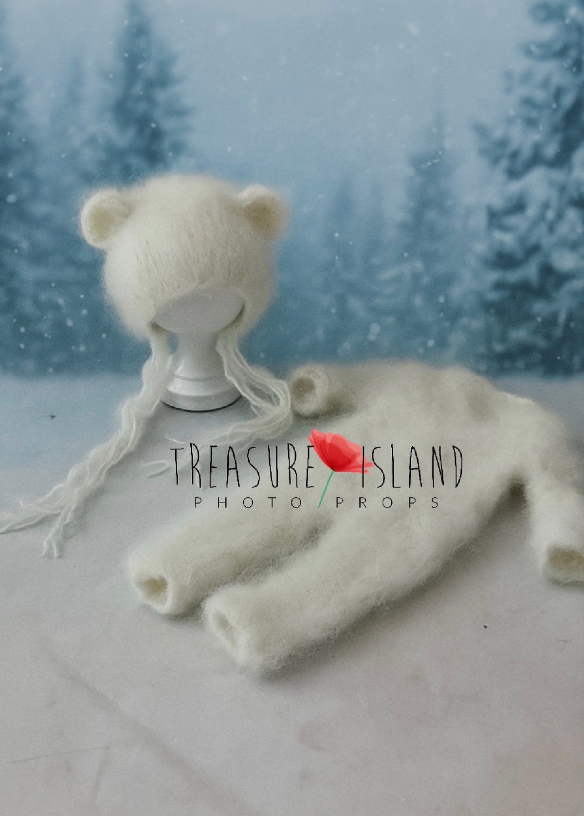 White hand-knitted Bear romper and bonnet set for newborn and sitter photography