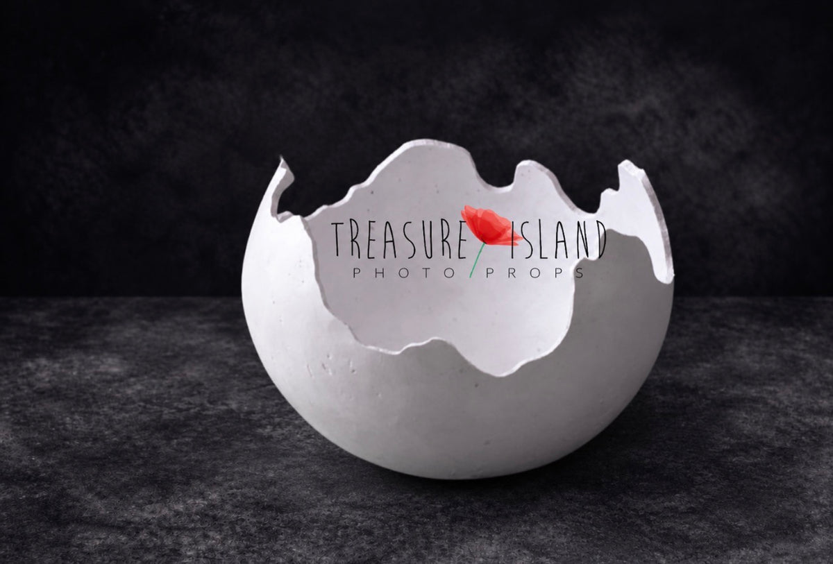 White plaster dinosaur egg shell photographed against a dark fine art background