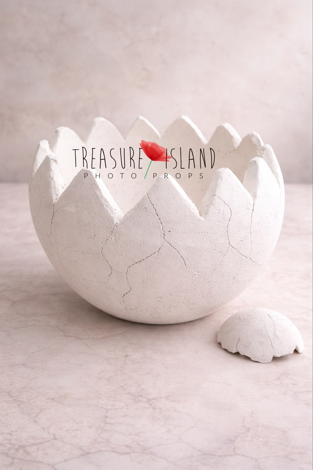 White handmade styrofoam eggshell bowl with broken shell top for newborn and sitter photography