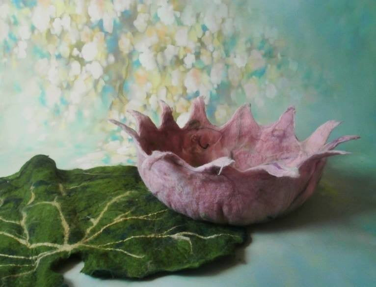 Elowen felted flower bowl and botanical leaf set shown together for photography styling