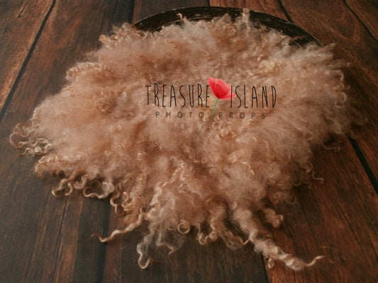 Beige hand-felted curly wool blanket with natural sheep curls for newborn photography
