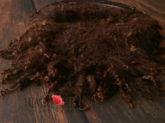 Dark Chocolate hand-felted curly wool blanket with natural sheep curls for newborn photography
