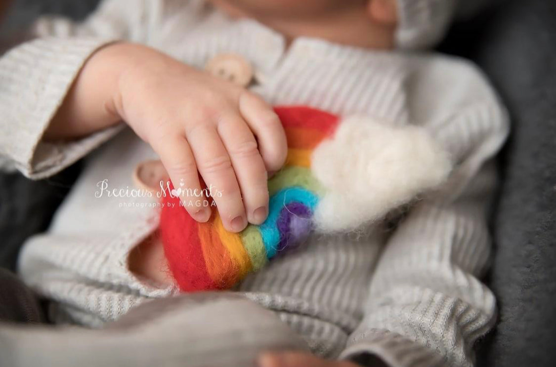 Handmade classic felted mini rainbow with fluffy white cloud for newborn photography