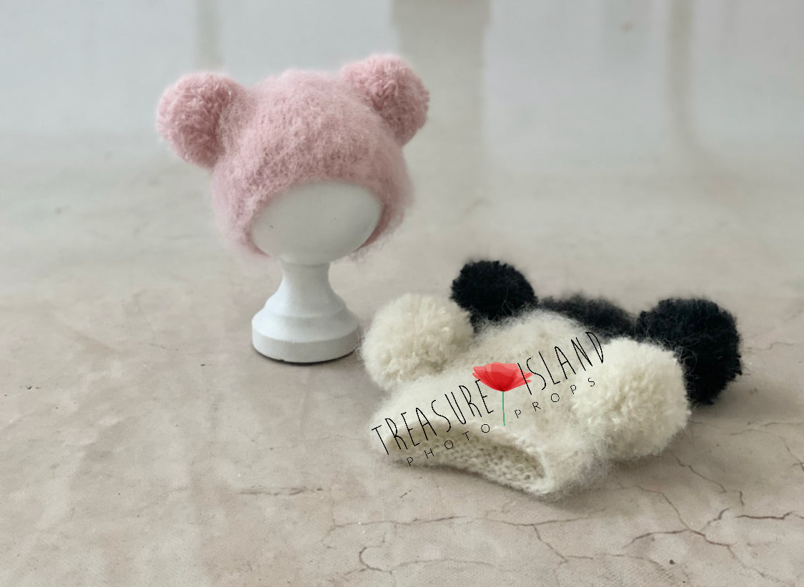 Fluffy double pom pom baby photography hats shown in blush pink, natural white and onyx black