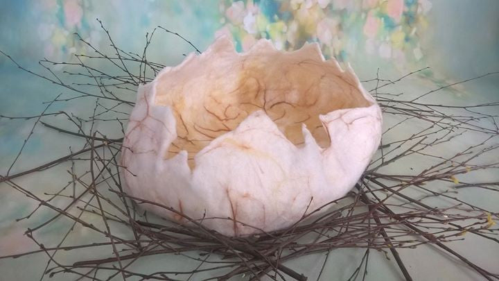 Hand-felted dinosaur eggshell photography prop styled in a natural twig nest
