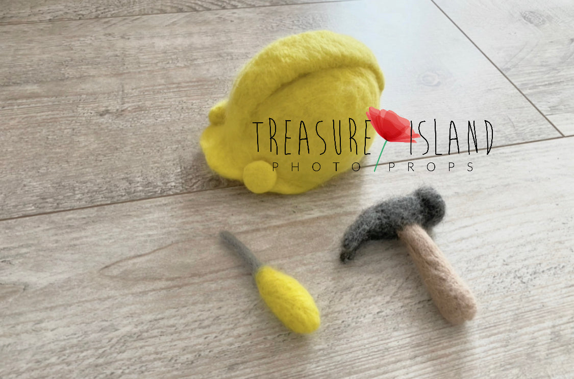 Handmade felted Little Builder set with newborn construction helmet, hammer and screwdriver