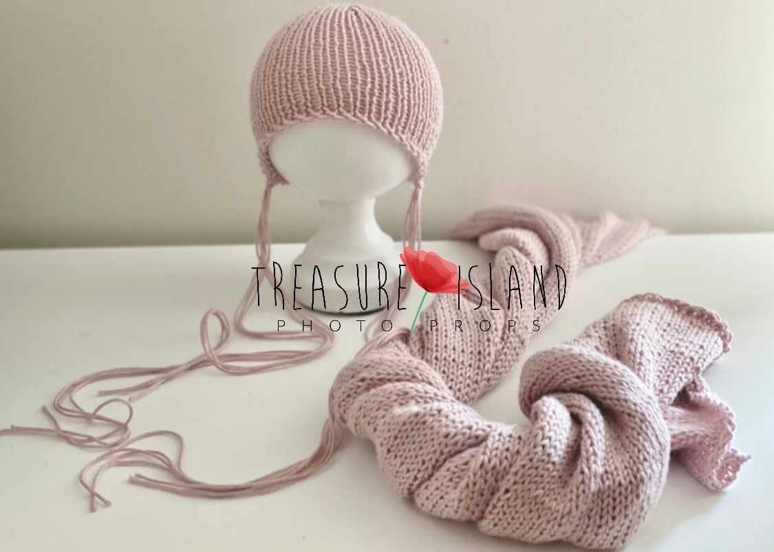 Handmade newborn bonnet and wrap set knitted from Bamboo and Tencel yarn