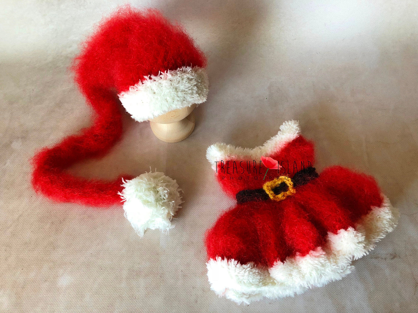Handmade red and white Santa Girl photography outfit with knitted dress and long festive hat