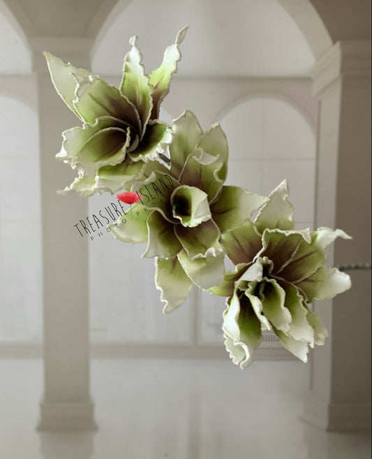 ✨HUGE EXOTIC FLOWER ✨FINE ART ✨ WHITE, OLIVE, EGGPLANT colour 107 cm